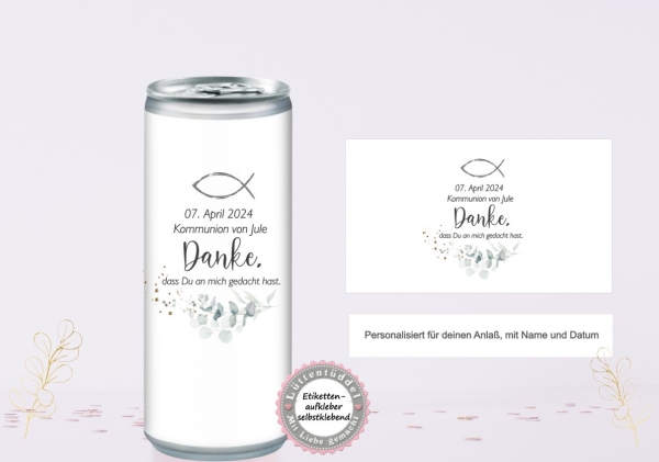 rosecco Banderole PERSONALISIERT Kommunion Taufe Firmung Konfirmation Danke Eukalyptus Fisch Getränke-Dosen-Banderole Lüttentüddel®